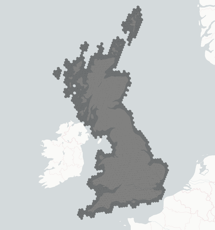 Map of Great Britain using H3 resolution 5 hexagons